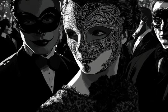Masked Figures at a Formal Evening Event