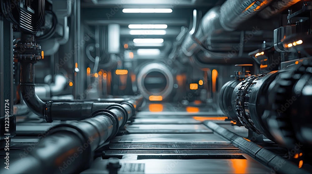 Poster explore a futuristic view of industrial pipes and valves inside a processing plant, highlighting adv