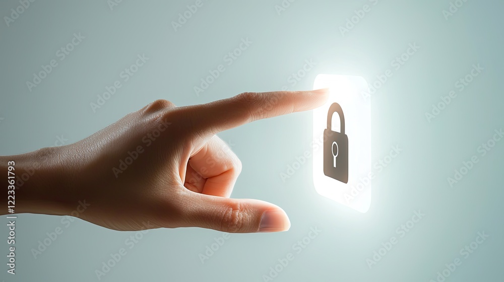 Poster This image showcases a hand reaching towards a virtual lock icon, symbolizing the importance of digital security in modern technology and online environments.