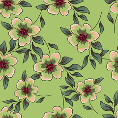 Seamless floral pattern, abstract ditsy print in vintage style. Elegant botanical wallpaper, textile design: hand drawn plants, flowers, leaves, small bouquets on dark background