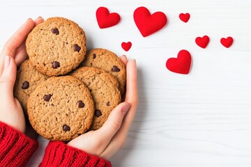 Round Chocolate Chip Cookies In Hands With Red Sleeves.