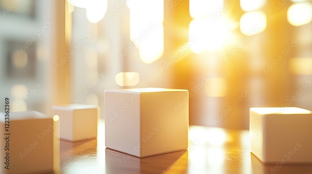 Aufkleber minimalist arrangement of white cubes creating a modern workspace aesthetic with blurred backgrounds