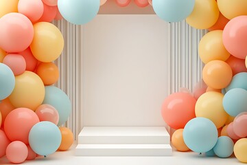 Contemporary product podium framed by geometric balloons, featuring a clean, white backdrop for elegant displays.