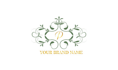 Monogram frame. Classic decorative element with letter P and place for text. Letter pattern.