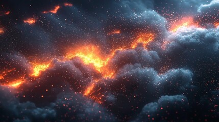 Naklejka premium Fiery Celestial Cloudscape: A Digital Abstract of Cosmic Fire and Nebulae