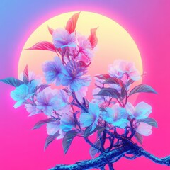 Vibrant Cherry Blossoms Illuminated Against a Sunset