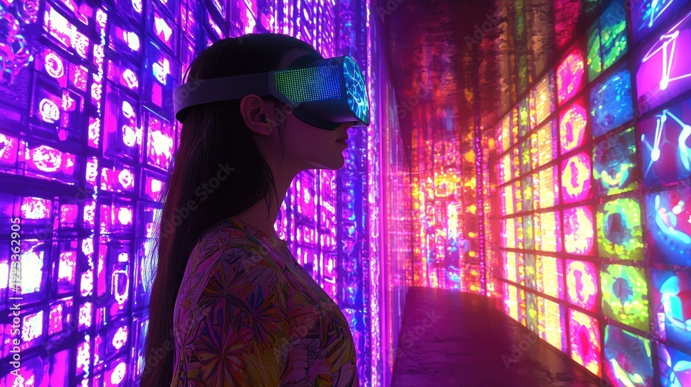 Aufkleber young woman experiences virtual reality through immersive headset in vibrant neon setting with glowi