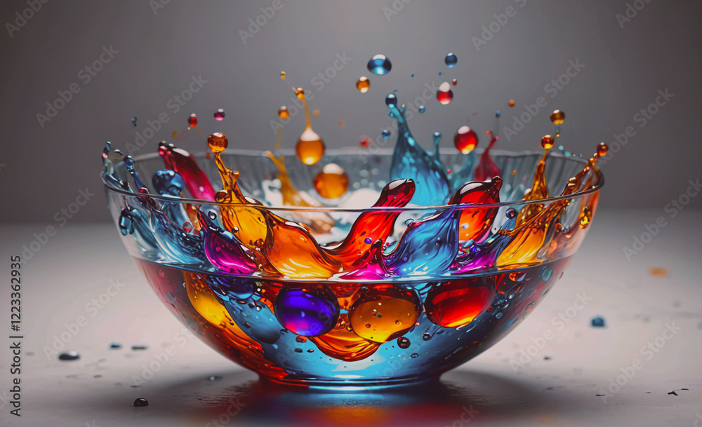 Poster a bowl of colorful liquid with a splash of water. the bowl is filled with a rainbow of colors, and t