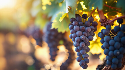 Ripe black or blue grenache wine grapes used to make rose or red wine are ready to harvest in vineyards in Cotes de Provence, region Provence, south of France. Close up.