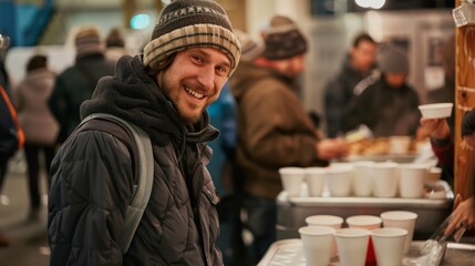 Fototapeta premium Smiling caucasian young male in winter outfit at outdoor food stand