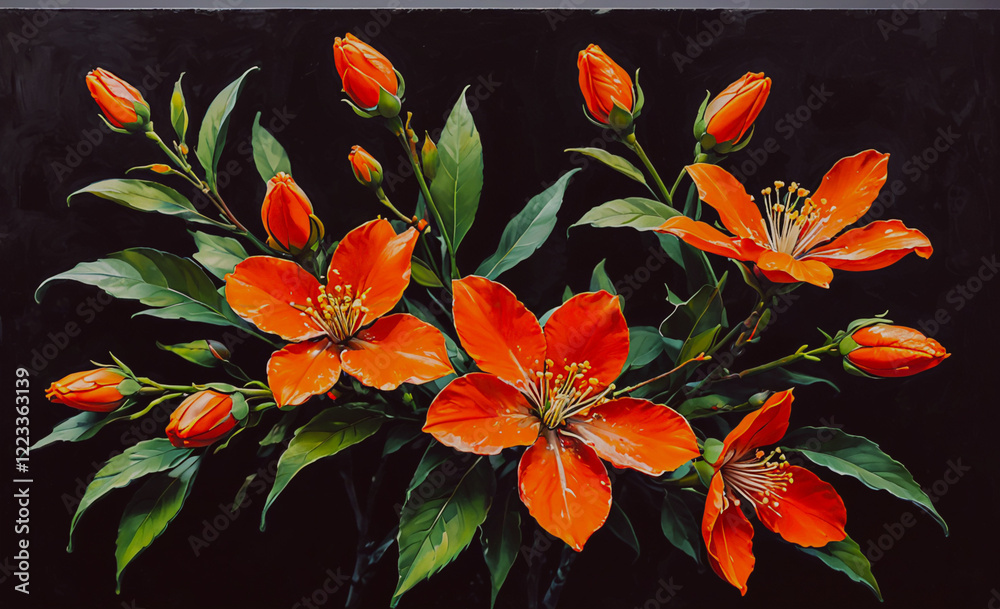 Aufkleber a painting of a bouquet of red flowers on a black background. the flowers are in full bloom and are 