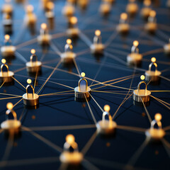 glowing grid with connected points symbolizing digital networks and security. This represents concept of connectivity and data protection in modern digital landscape
