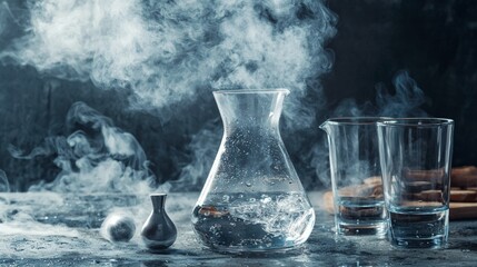 Dramatic glassware and smoke in a moody scientific composition