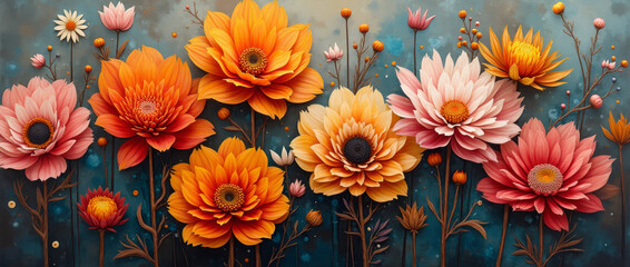 Colorful bright flowers on a dark grunge background, vintage style, 3d illustration