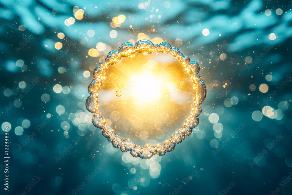 Wall mural round object with a yellow light shining on it. the object is surrounded by bubbles. the bubbles are