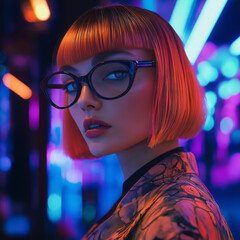 Futuristic fashion portrait neon cityscape high-contrast photography urban nightlife close-up view contemporary style