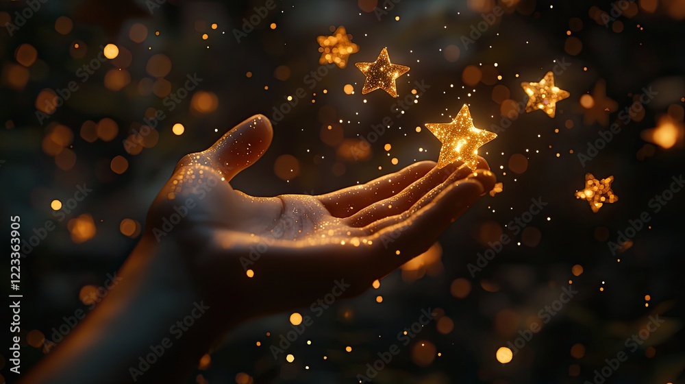 Poster Hand Releasing Glowing Stars in a Dark Environment with Bokeh Effect and Sparkling Particles Floating in the Air