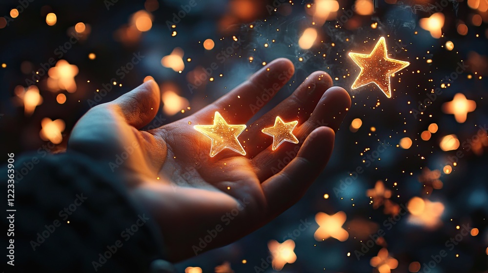 Poster Hand Releasing Glowing Stars in a Dark Environment with Bokeh Effect and Sparkling Particles Floating in the Air