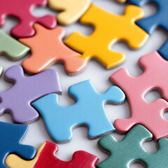 Obraz premium Colorful interlocking puzzle pieces scattered on clean surface create playful and engaging atmosphere. Perfect for games, education, or creative projects
