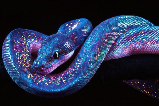 emerald tree python coiled on black branch, scales gleaming with iridescent colors, dramatic studio lighting, dark background