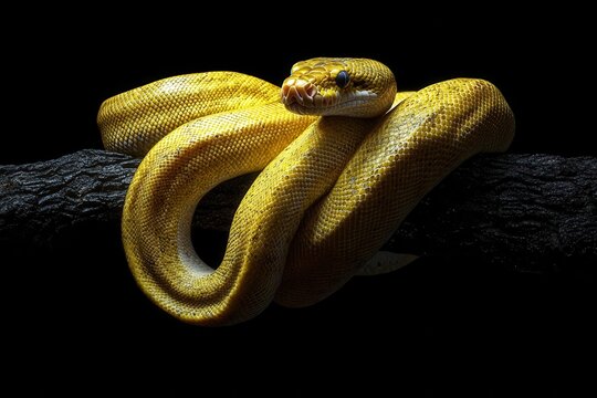 emerald tree python coiled on black branch, studio portrait with rim lighting, scales gleaming with iridescent highlights against deep shadow background