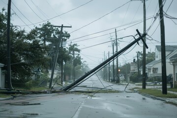 Storm damage: power lines down in residential neighborhood during severe weather