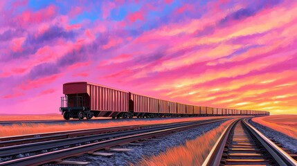 Obraz premium Freight Train Journey Under a Vibrant Sunset Sky