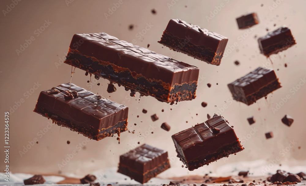 Poster a chocolate bar is flying through the air, with chocolate chips and crumbs falling from it. concept 