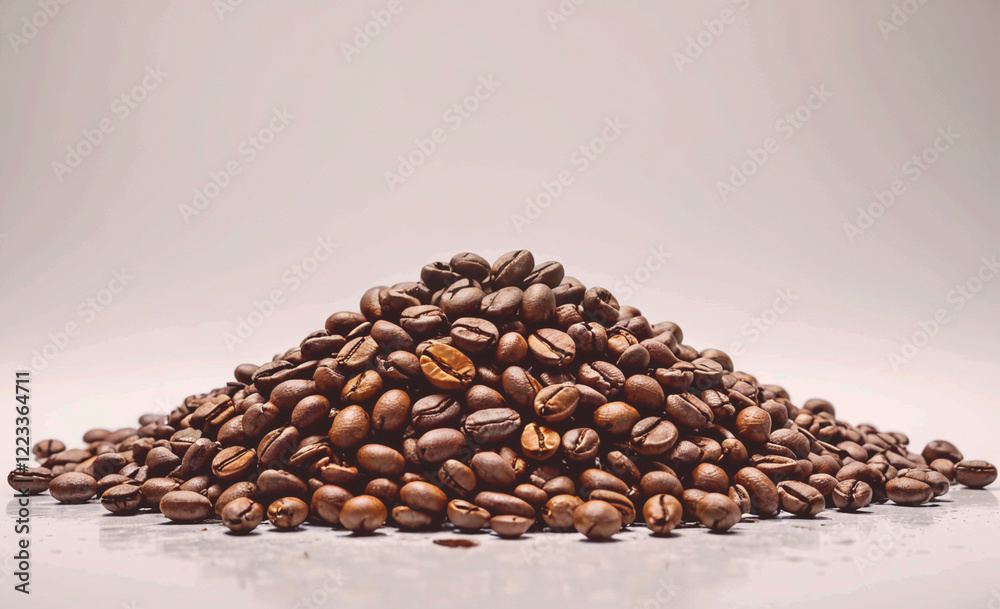 Poster A pile of coffee beans on a white surface. The beans are of different sizes and are spread out in a pile