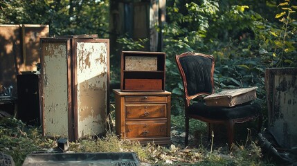 Obraz premium Rustic furniture in an overgrown garden setting