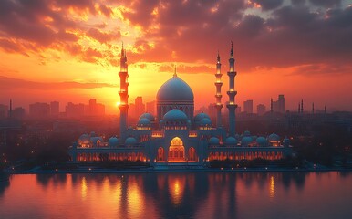 Naklejka premium Sunset over mosque with reflecting domes on water