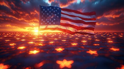 American Flag Floating Over a Reflective Ocean of Stars