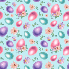 Easter egg with flowers and leaves on a blue background. Seamless pattern of pastel-colored eggs. Individual hand-painted watercolor illustrations. Template for holiday cards, covers, posters, fabrics