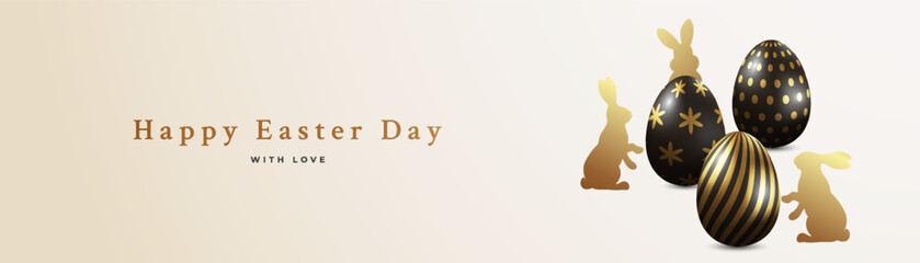Happy Easter creative design with realistic 3d Easter eggs in black and gold color and hand drawn bunnies. Modern template for greeting banner, card, advertising sale, web, horizontal poster.
