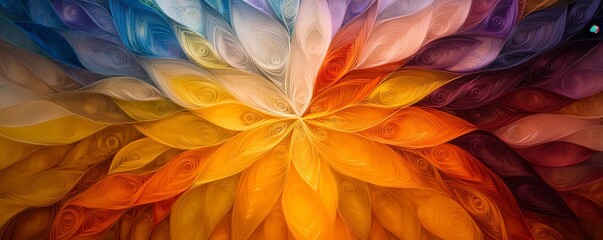 A vibrant, swirling pattern features colorful, petal-like shapes radiating from the center, creating a mesmerizing visual effect.