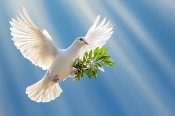Fototapeta premium White dove with outstretched wings holding olive branch on blue sky background