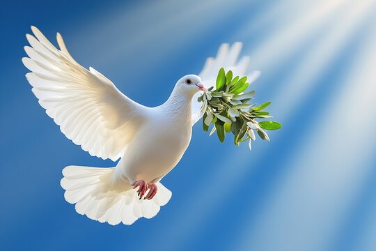 White dove with outstretched wings holding olive branch on blue sky background