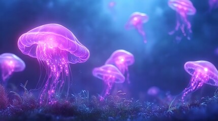 Naklejka premium A mesmerizing underwater scene featuring glowing purple jellyfish floating gracefully amidst a dreamy blue background.