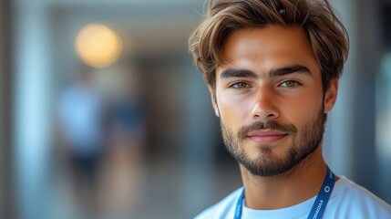 Smiling Young Man Wearing an ID Badge in a Professional Setting