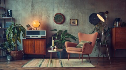 Retro living room with mid-century furniture and decor