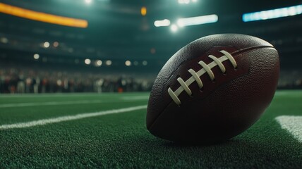 Football on a Stadium Field. Close-up of a football on the turf under bright stadium lights, creating a dramatic game atmosphere.
