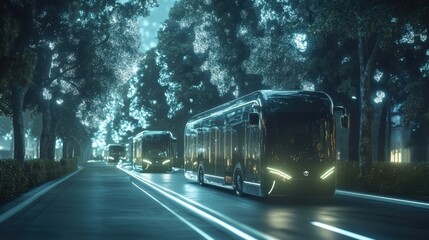 Fototapeta premium Self driving electric buses moving on a tree lined avenue at night, showcasing the future of public transport with autonomous vehicles and sustainable transportation
