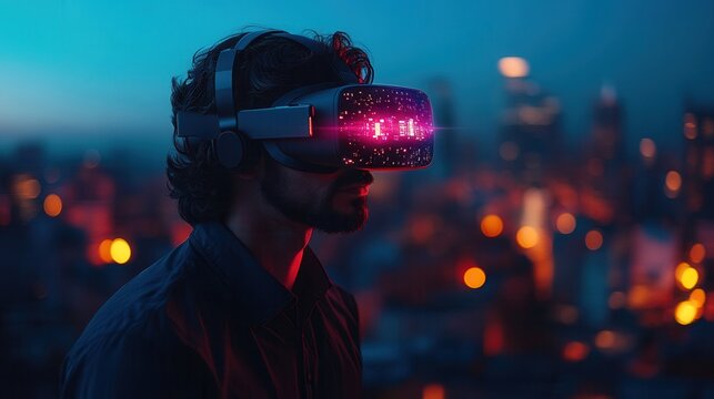 Young Man Using VR Headset with Futuristic Cityscape