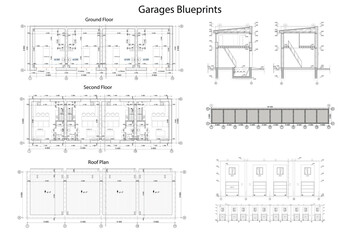 Garages detailed architectural technical drawing, vector blueprint	