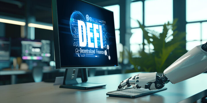 Decentralized finance or DeFi concept on brisk computer screen . The defi system give new choice of investment and money saving .