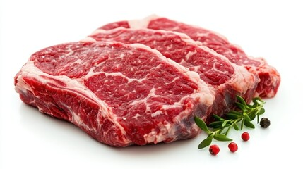 Obraz premium Fresh Raw Beef Cuts with Herbs and Spices on White Background