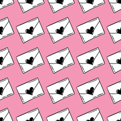 seamless pattern of black doodle love letter envelope hearts on pink background, romantic valentines day texture