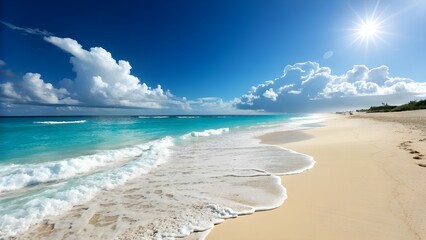A vibrant, idyllic beach scene.  A wide expanse of light beige sand meets a calm, turquoise-blue ocean.  Small, foamy white waves gently roll onto the shore.  A clear, vibrant blue sky is filled  