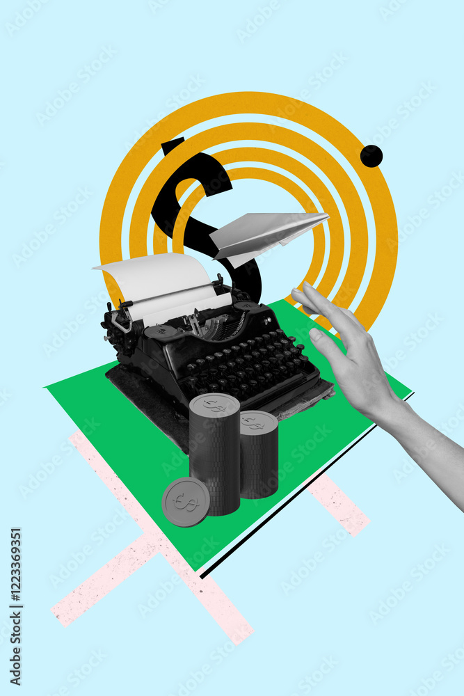 Fototapete vertical photo collage of hand touch typescript retro device paper documentation plane coin income p