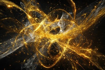 Obraz premium A vibrant, abstract explosion of golden light and swirling patterns against a dark background, evoking a sense of energy and movement.